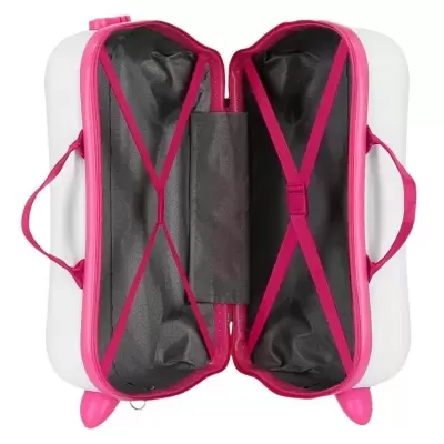 Mala de viagem aberta branca com detalhes em rosa e interior preto com cintas rosas