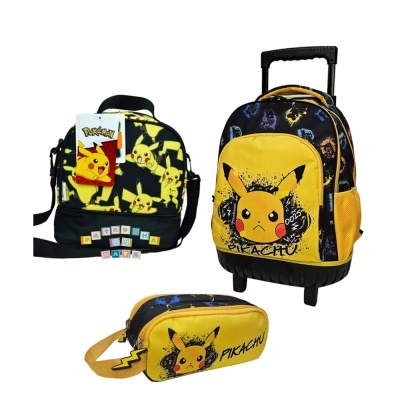 Conjunto Pokémon com mochila, mochila com rodas e estojo com tema Pikachu em amarelo e preto