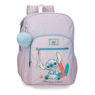 Mochila lilás com bolso frontal, personagem Stitch, pranchas de surf e pompom azul
