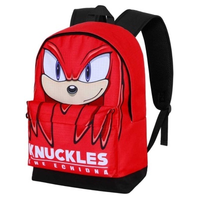 Mochila vermelha com estampa do personagem Knuckles e texto KNUCKLES THE ECHIDNA