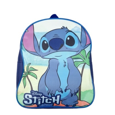 Mochila infantil azul com personagem Stitch da Disney e palmeiras ao fundo