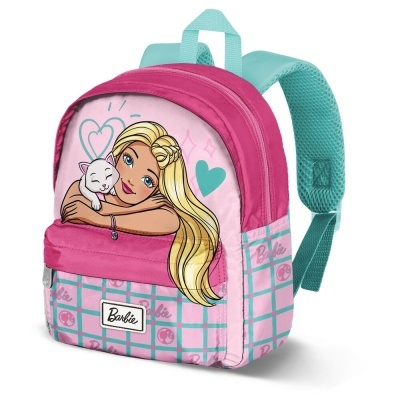 Mochila infantil Barbie rosa e azul claro com desenho da Barbie e gato branco
