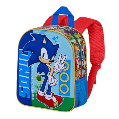 Mochila infantil com imagem do Sonic azul e alças vermelhas acolchoadas