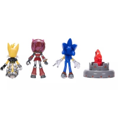 Quatro figuras de ação coloridas vistas de costas, incluindo três personagens e uma peça com cristal vermelho.