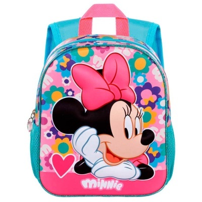 Mochila infantil rosa e azul com imagem da Minnie e flores coloridas