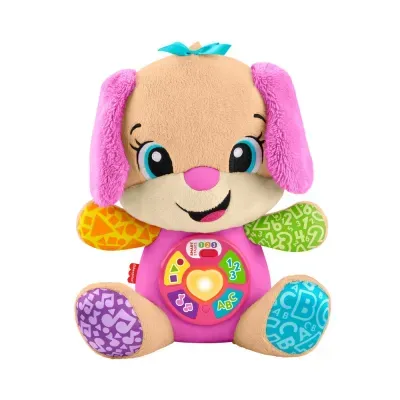 Peluche cão educativo colorido com painel interativo e luz, fundo branco
