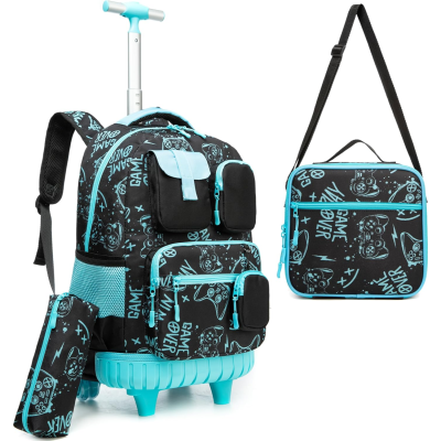Conjunto de mochila com rodas, lancheira e estojo preto com padrões azuis e texto GAME OVER