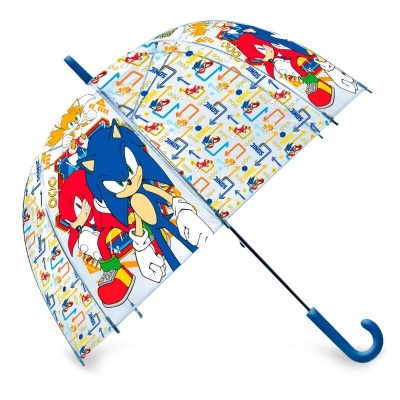Guarda-chuva transparente com personagens do Sonic e pega azul