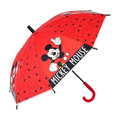 Guarda-chuva vermelho com desenho de Mickey Mouse e texto MICKEY MOUSE