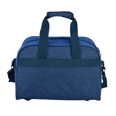 Mala de viagem azul escuro com alças e fechos visíveis