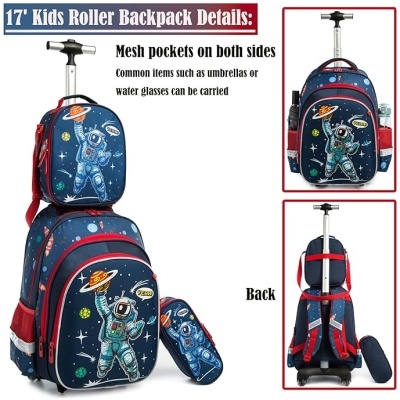 Mochila com rodas infantil com estampa de astronauta e planeta