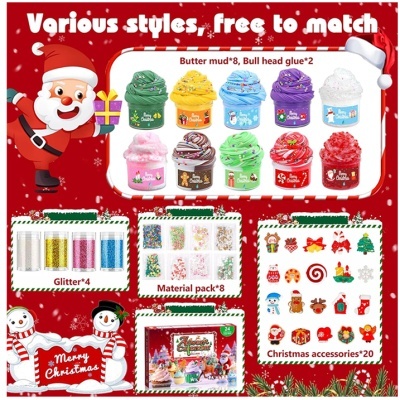 Conjunto de materiais para slime com tema de Natal, potes coloridos e acessórios festivos.