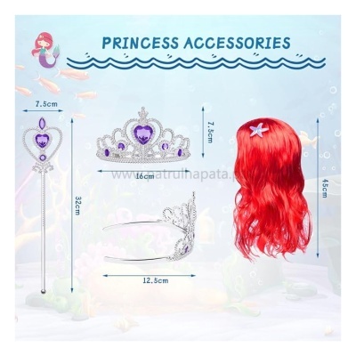 Conjunto de acessórios de princesa com cetro, coroa, tiara e peruca vermelha com medidas