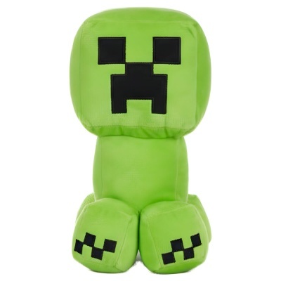 Pelúcia verde Creeper Minecraft com rosto e detalhes pixelados pretos