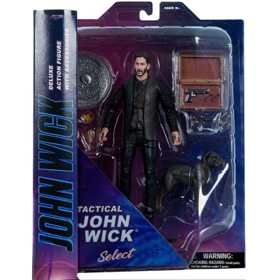 Figura de ação de John Wick com acessórios e cão em embalagem azul e roxa