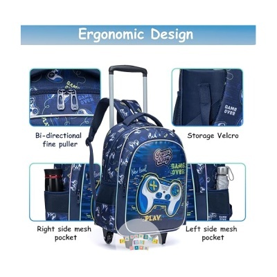 mochila azul com padrão de videojogos, alça telescópica e bolsos de malha