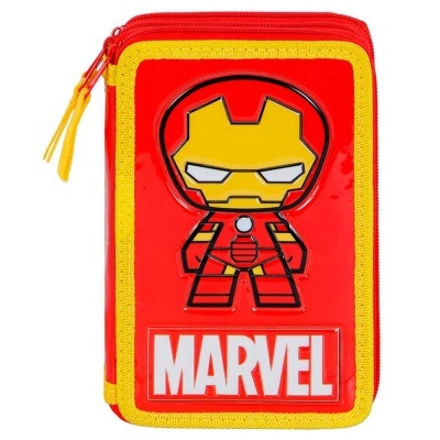 Estojo escolar vermelho e amarelo com logótipo Marvel e figura do Homem de Ferro