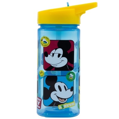 Garrafa azul com tampa amarela e desenhos do Mickey Mouse