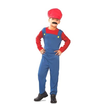 Fato infantil azul e vermelho com boné vermelho e bigode falso