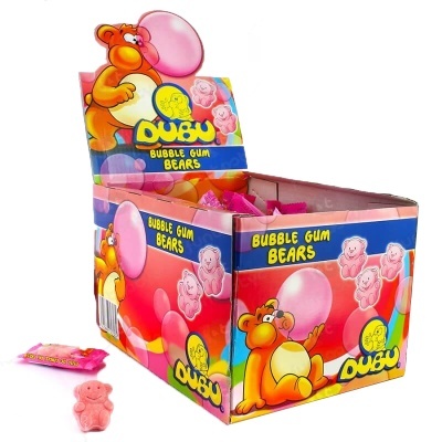 Caixa de ursinhos de goma rosa DUBU BUBBLE GUM BEARS com embalagem e doces à mostra