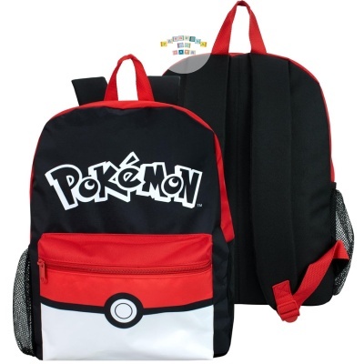 Mochila escolar Pokémon preta, vermelha e branca com bolso de Pokébola