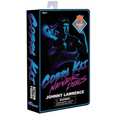 Caixa de figura de ação Codera Kit Never Dies Johnny Lawrence com design neon preto azul e rosa