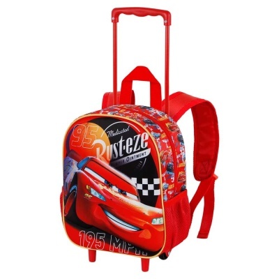 Mochila escolar com rodas e puxador telescópico vermelha com desenho do carro Lightning McQueen