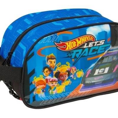 Necessaire azul com estampa Hot Wheels e carro de corrida preto