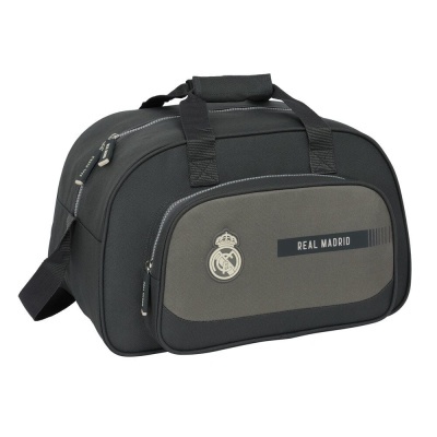 Mala desportiva preta e cinzenta com logo Real Madrid e bolso frontal