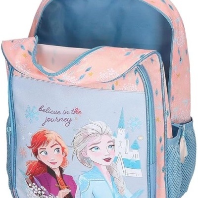 Mochila rosa e azul com estampa de Elsa e Anna e texto 'believe in the journey'
