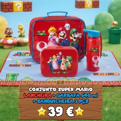 Conjunto Super Mario com lancheira, garrafa e sanduicheira vermelhas com personagens do jogo.