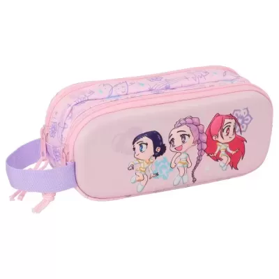 Estojo escolar rosa claro com personagens anime desenhados