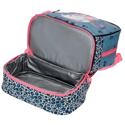 Mala floral azul com detalhes rosa e interior cinzento aberto