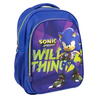 Mochila azul do Sonic com texto Sonic Prime Wild Thing
