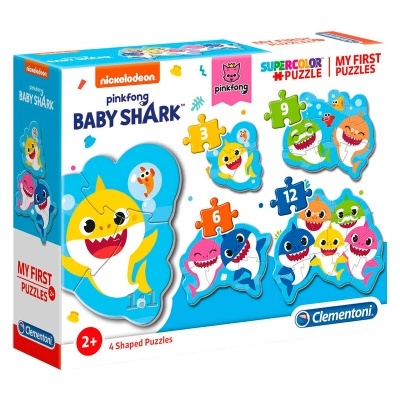 Caixa de puzzle Baby Shark colorida com 4 puzzles em formas de tubarão