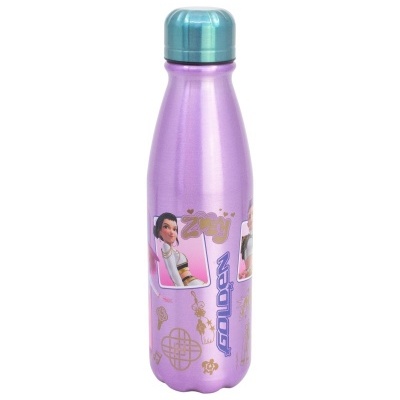 Garrafa metálica roxa com tampa azul e decoração de personagens e texto.