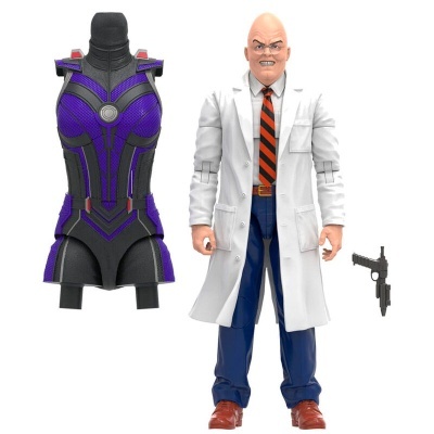 Figura de ação de homem careca com bata branca e roupa adicional preta e roxa