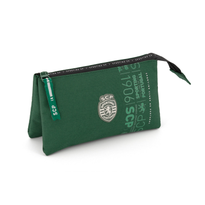 Estojo triangular verde com emblema e texto SCP 1906