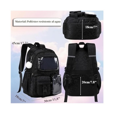 Mochila preta com várias bolsas e alças ajustáveis