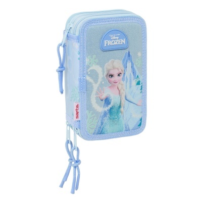 Estojo escolar azul claro com imagem da Elsa de Frozen e zíper.