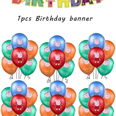 Faixa de aniversário HAPPY BIRTHDAY e balões coloridos com Peppa Pig