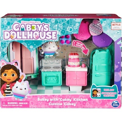 Brinquedo Gabby's Dollhouse cozinha com forno azul esverdeado, armários rosa e frigorífico verde