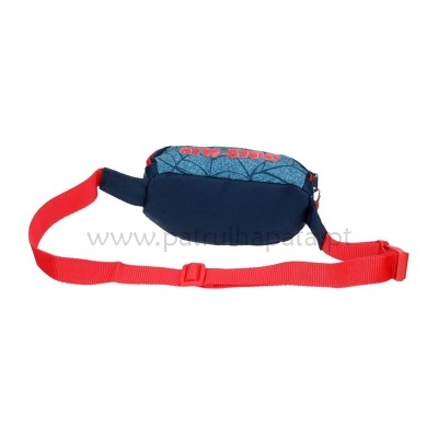 Bolsa pochete azul com padrão geométrico e cinto vermelho ajustável