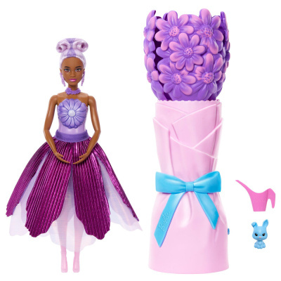 Boneca com vestido roxo e acessórios coloridos, incl. suporte florido.