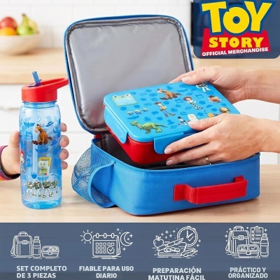 Lancha Toy Story azul com caixa e garrafa plástica decoradas com personagens