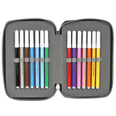 Estojo cinzento aberto com 12 marcadores coloridos organizados