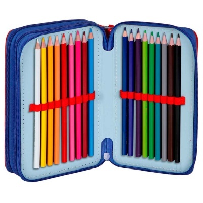 Estojo azul com lápis de cor organizados