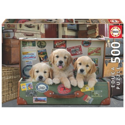 Puzzle de 500 peças com três cachorros Golden Retriever dentro de mala verde