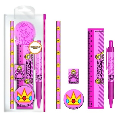 Conjunto escolar com régua, lápis, borracha, apontador e caneta cor-de-rosa com tema PEACH