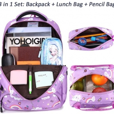 Conjunto 3 em 1 mochila, bolsa para almoço e estojo lilás com unicórnios e itens variados